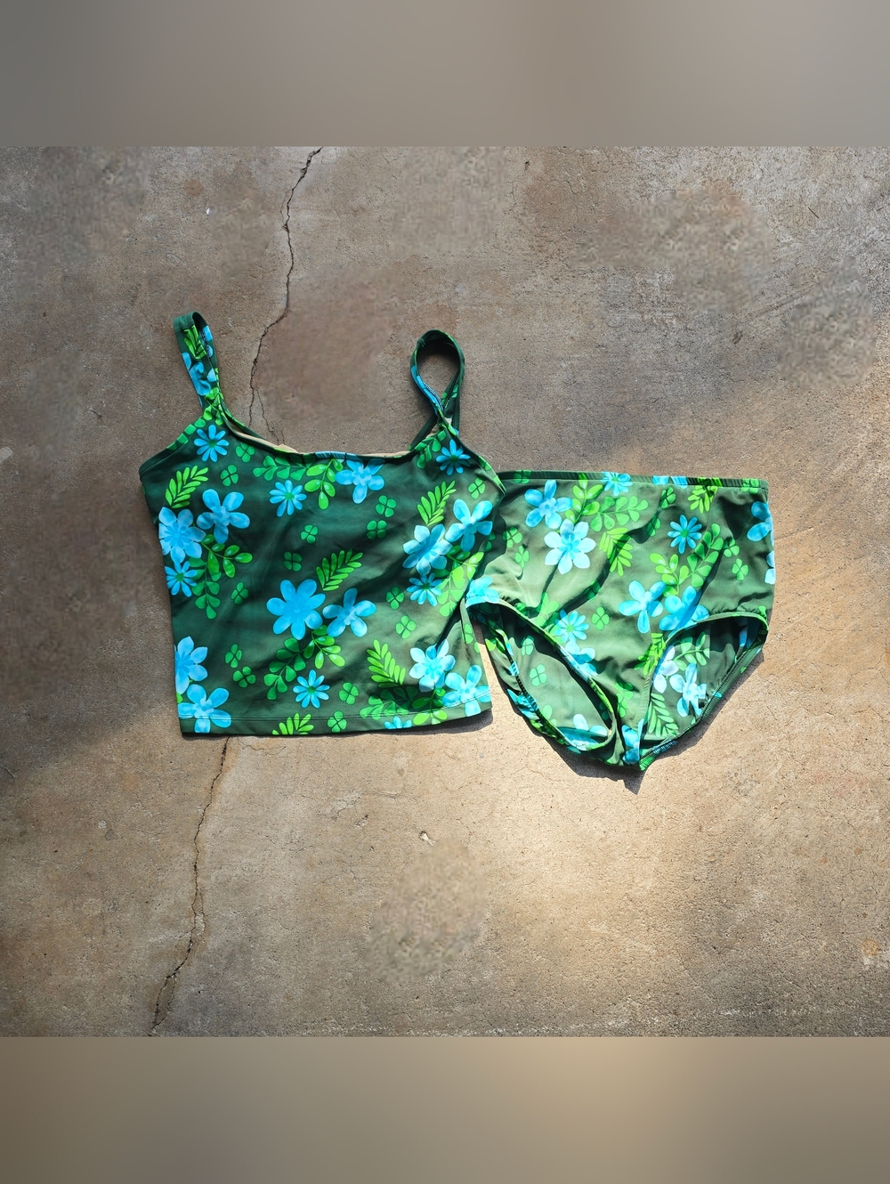 Vtg Jantzen 2pc Swimsuit Set Green Tropical Tankini Top Shorts Surf 90s 18